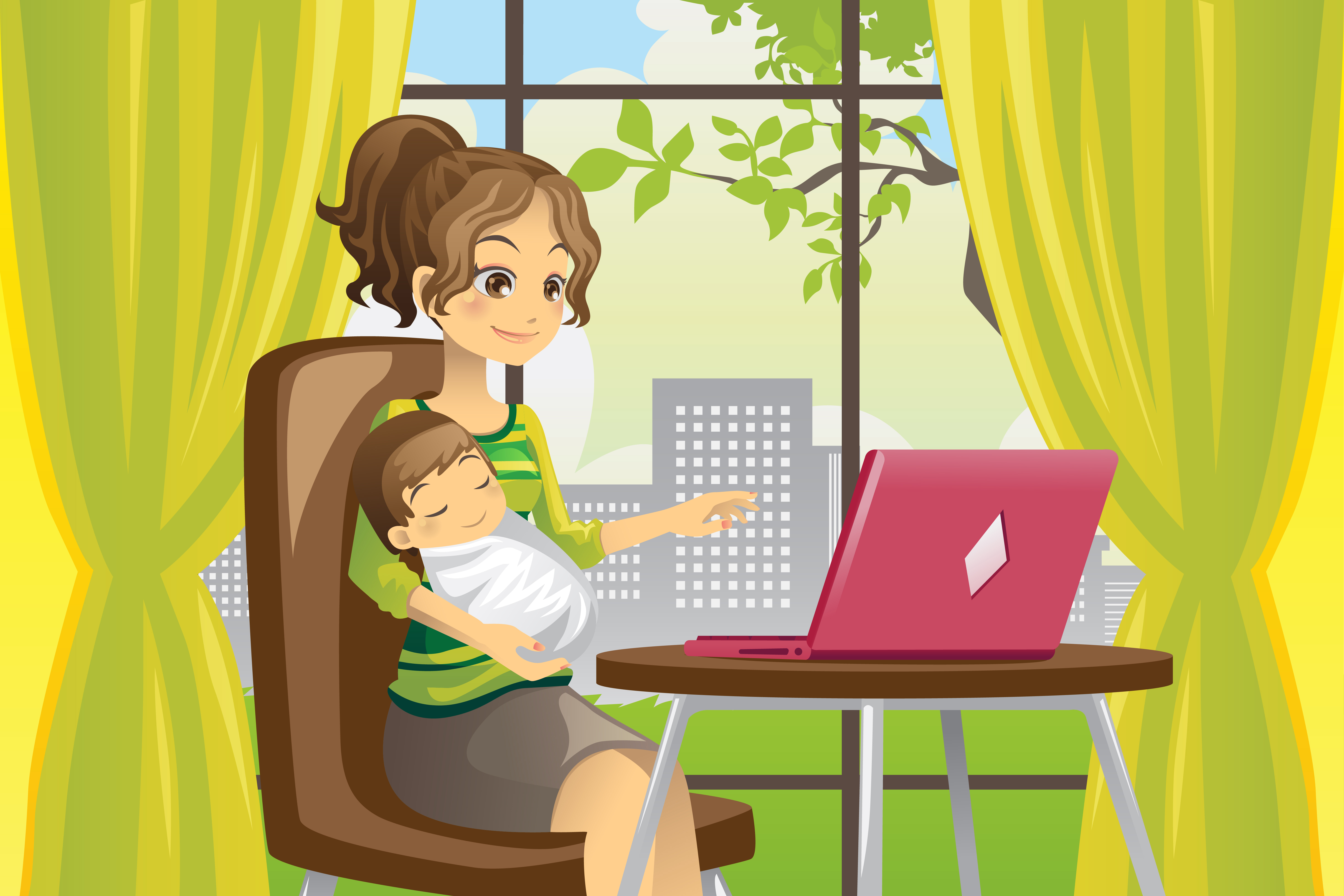 Сижу у мамы на работе. Ребенок за компьютером рисунок. Рисунок мама на работе за компьютером. Ребенок за компьютером иллюстрация. Мама с ребенком за компьютером.